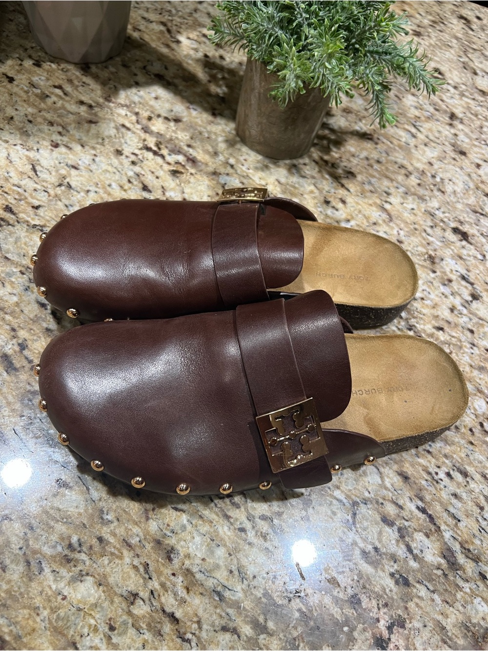 Tory Burch Mellow Buckle Mules in Deep Mocha Leather with Gold Hardware 9.5M